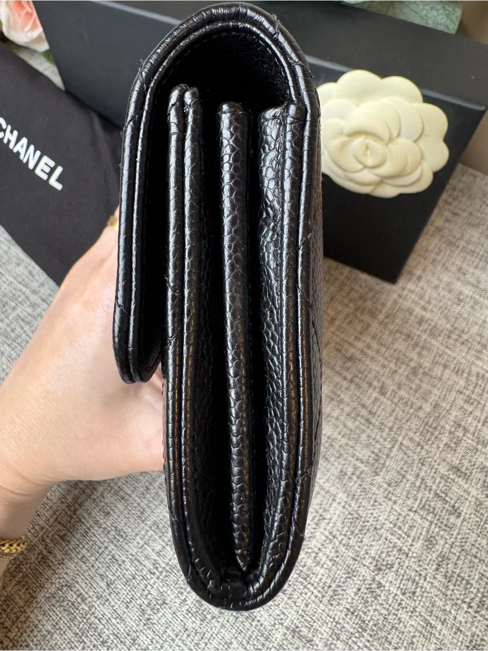 NCHANEL Black Quilted Caviar Leather Caviar Long Flap Wallet Black with Gold CC